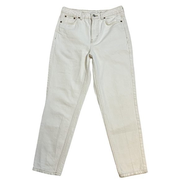 Top Shop | White High Rise Denim 5 pocket, beige stitching Mom Jean Size 28 - Picture 1 of 14